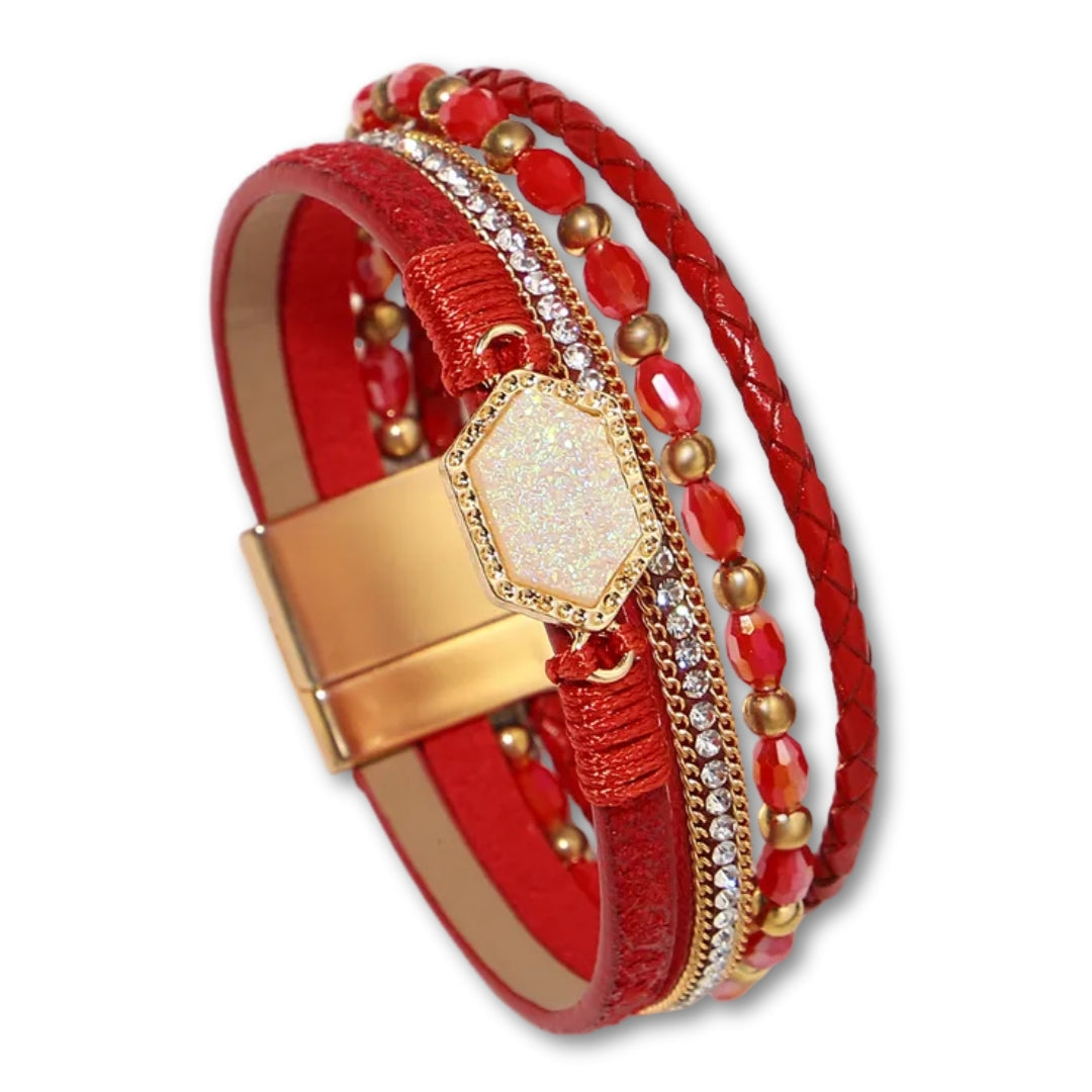Bracelet Cuir Femme Multirang Rouge