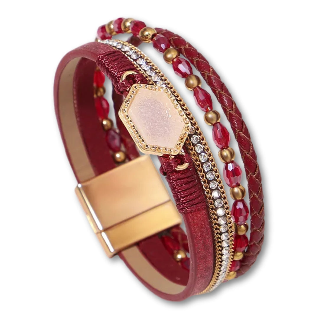 Bracelet Cuir Femme Multirang Rouge Foncé