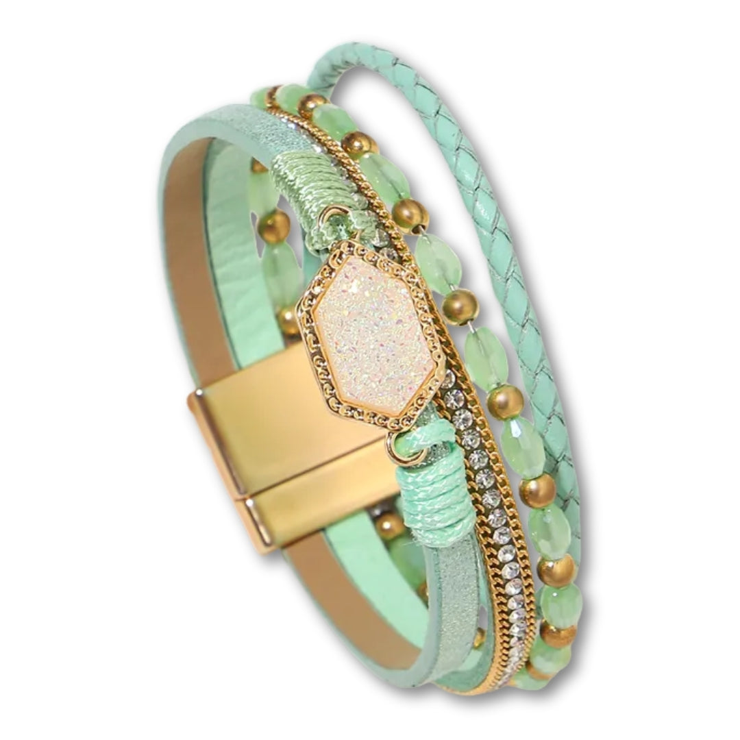 Bracelet Cuir Femme Multirang Vert d'eau