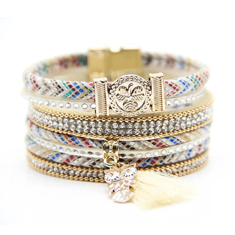 Bracelet Cuir Femme Pendentif Hibou Beige