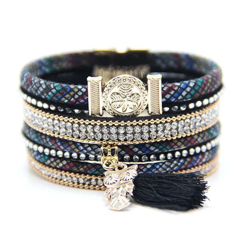 Bracelet Cuir Femme Pendentif Hibou Bleu