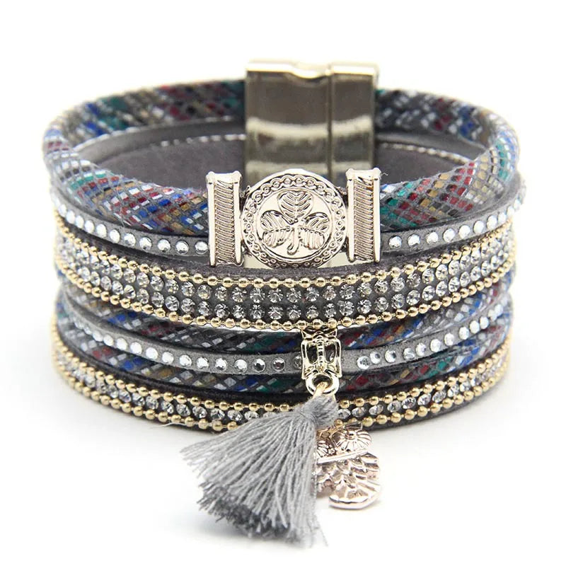 Bracelet Cuir Femme Pendentif Hibou Gris