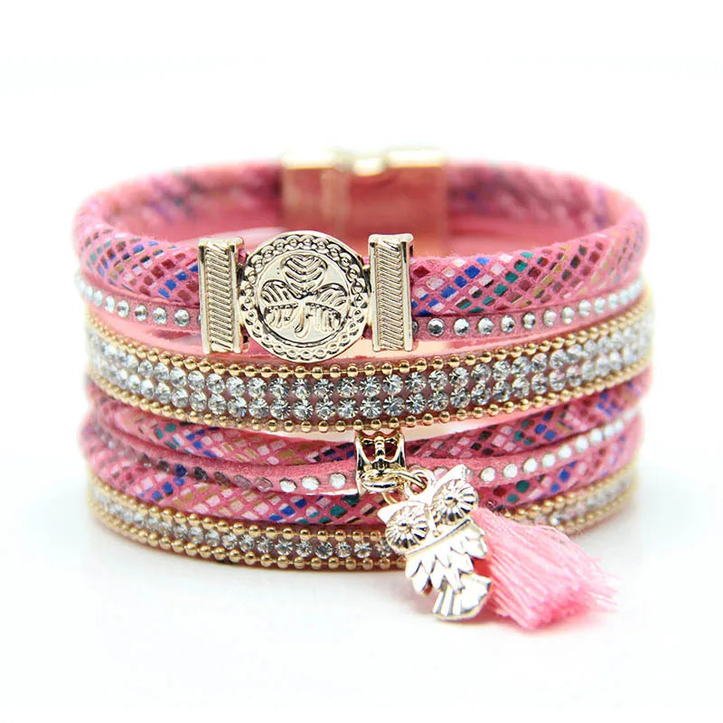 Bracelet Cuir Femme Pendentif Hibou Rose