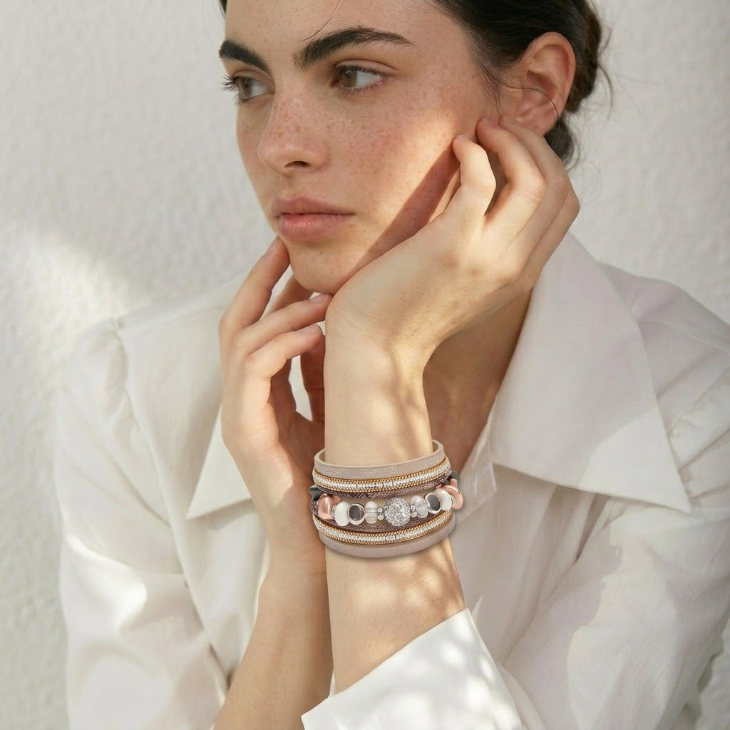 Bracelet Cuir Femme Perlé Géométrique – Zircons | 5 Coloris
