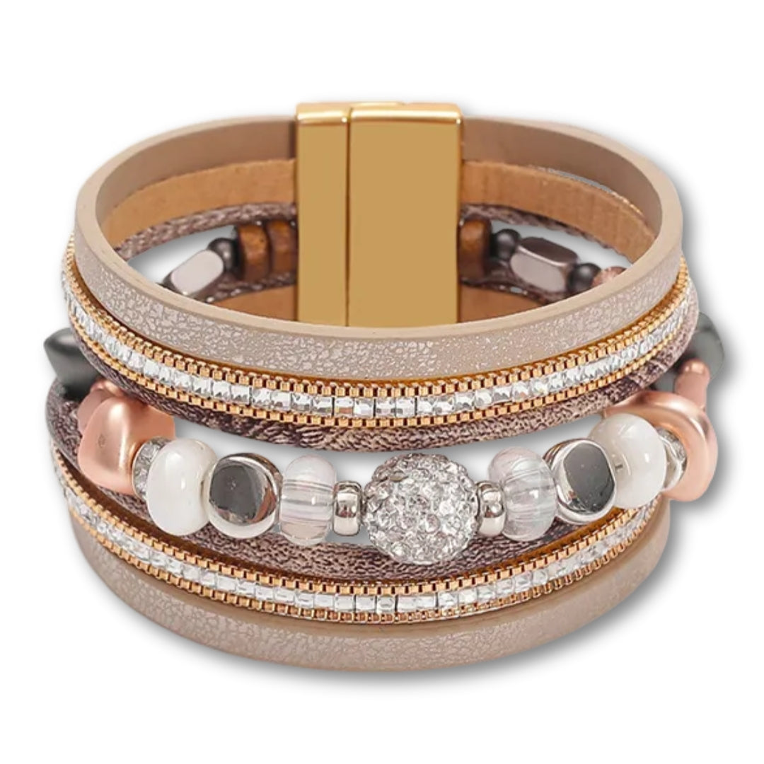 Bracelet Cuir Femme Perlé Géométrique – Zircons | 5 Coloris Beige