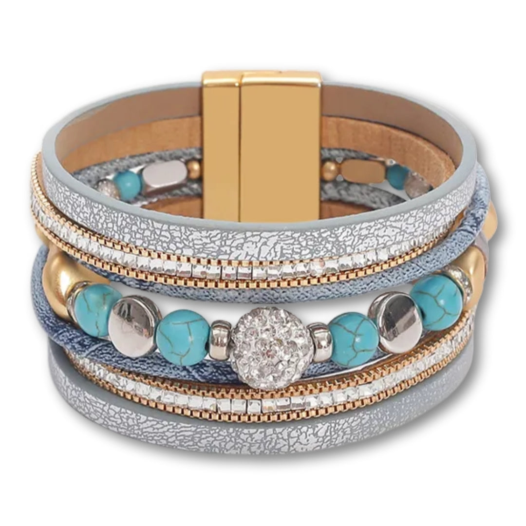 Bracelet Cuir Femme Perlé Géométrique – Zircons | 5 Coloris Bleu