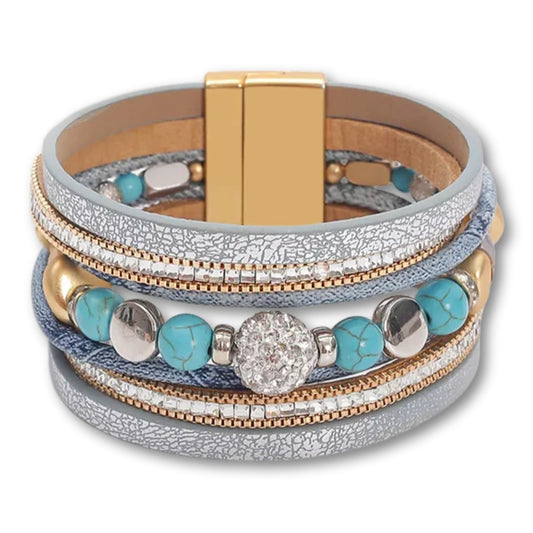Bracelet Cuir Femme Perlé Géométrique – Zircons | 5 Coloris Bleu