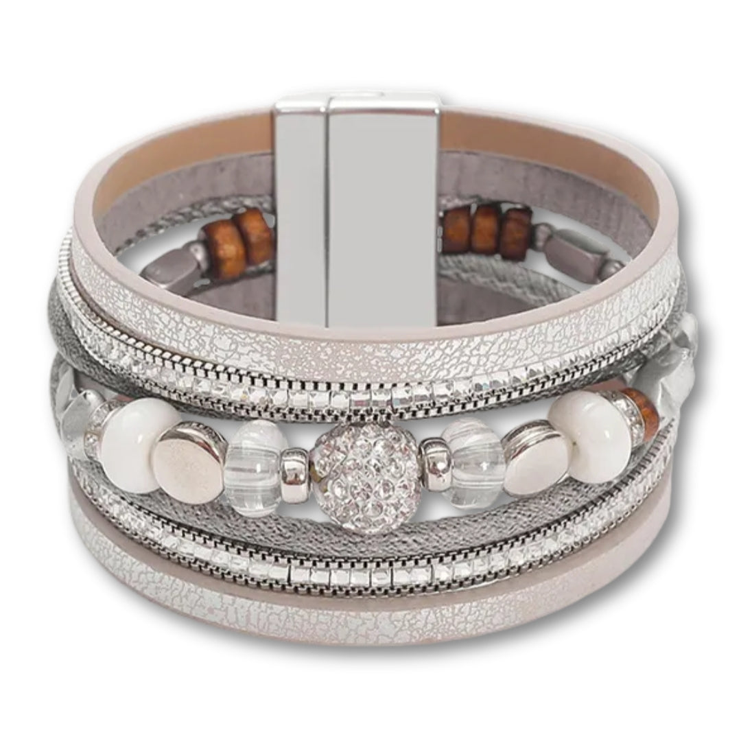 Bracelet Cuir Femme Perlé Géométrique – Zircons | 5 Coloris Gris