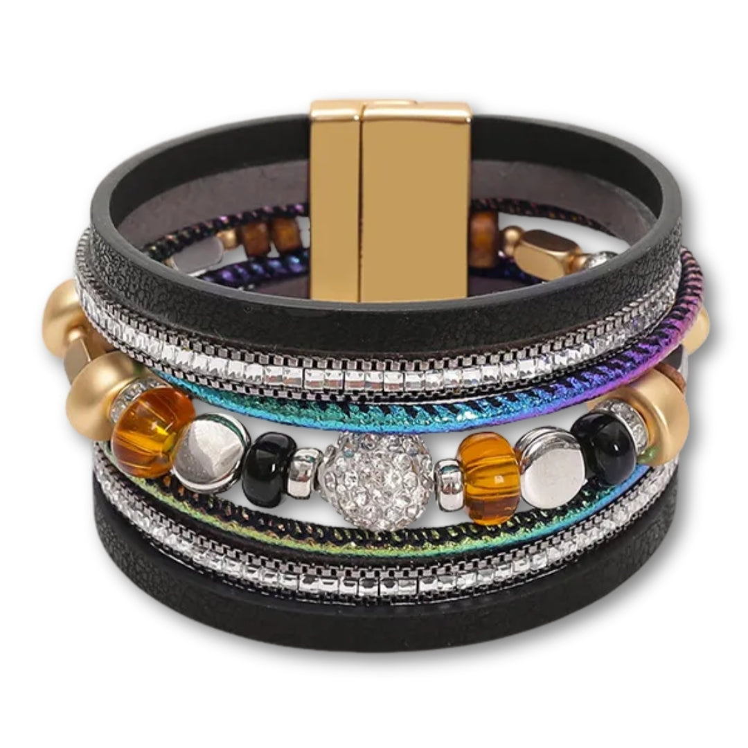 Bracelet Cuir Femme Perlé Géométrique – Zircons | 5 Coloris Noir