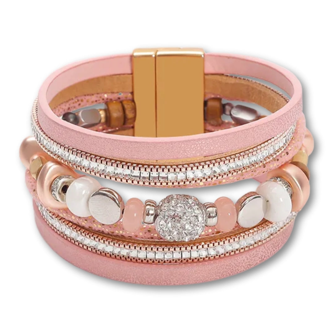 Bracelet Cuir Femme Perlé Géométrique – Zircons | 5 Coloris Rose
