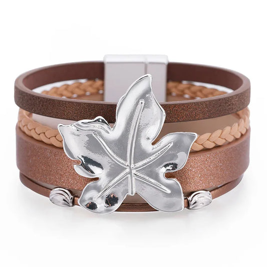 Bracelet cuir feuille d'érable | Bracelet femme élégant