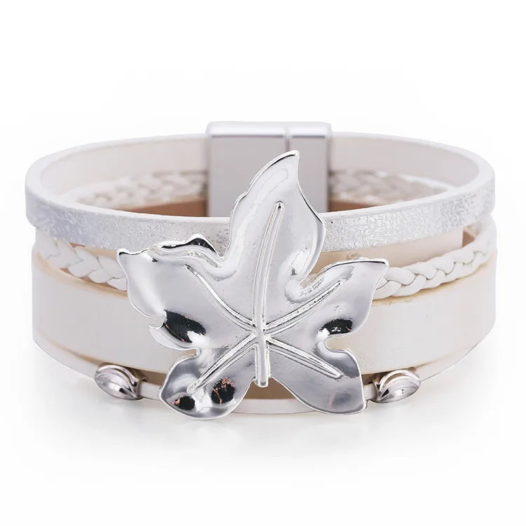Bracelet cuir feuille d'érable | Bracelet femme élégant Blanc
