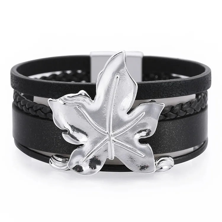 Bracelet cuir feuille d'érable | Bracelet femme élégant Noir