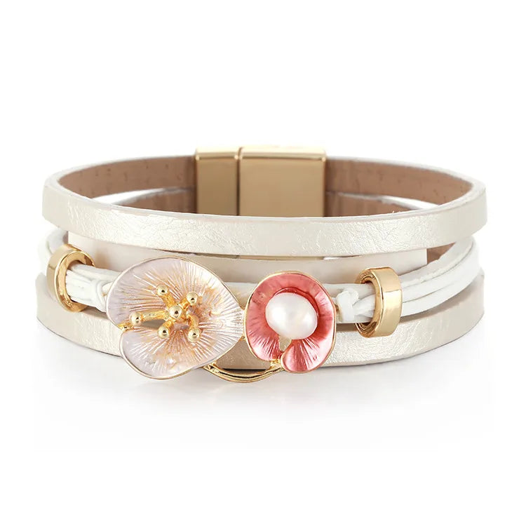 Bracelet cuir fleur femme – Bijou floral élégant et raffiné Blanc