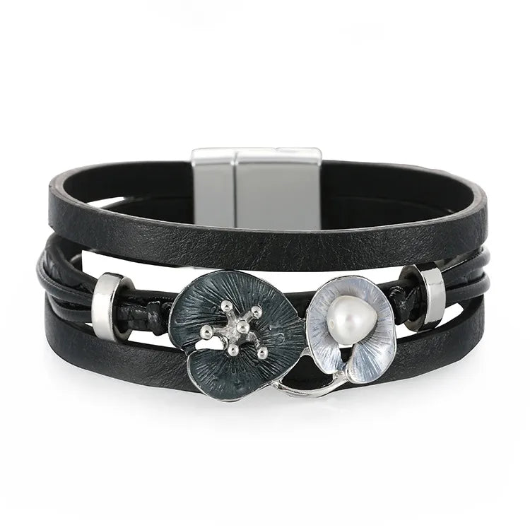 Bracelet cuir fleur femme – Bijou floral élégant et raffiné Noir