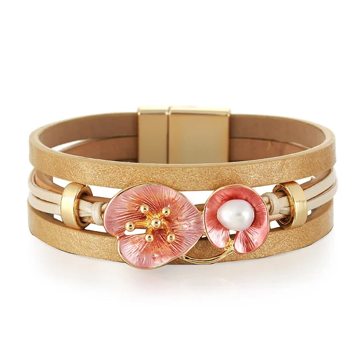Bracelet cuir fleur femme – Bijou floral élégant et raffiné Or