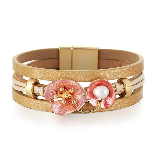Bracelet cuir fleur femme – Bijou floral élégant et raffiné Or