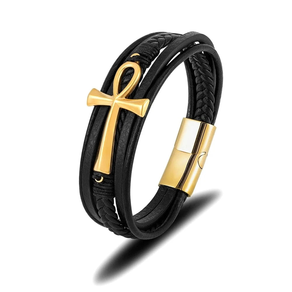 bracelet cuir homme ankh Or / 19cm