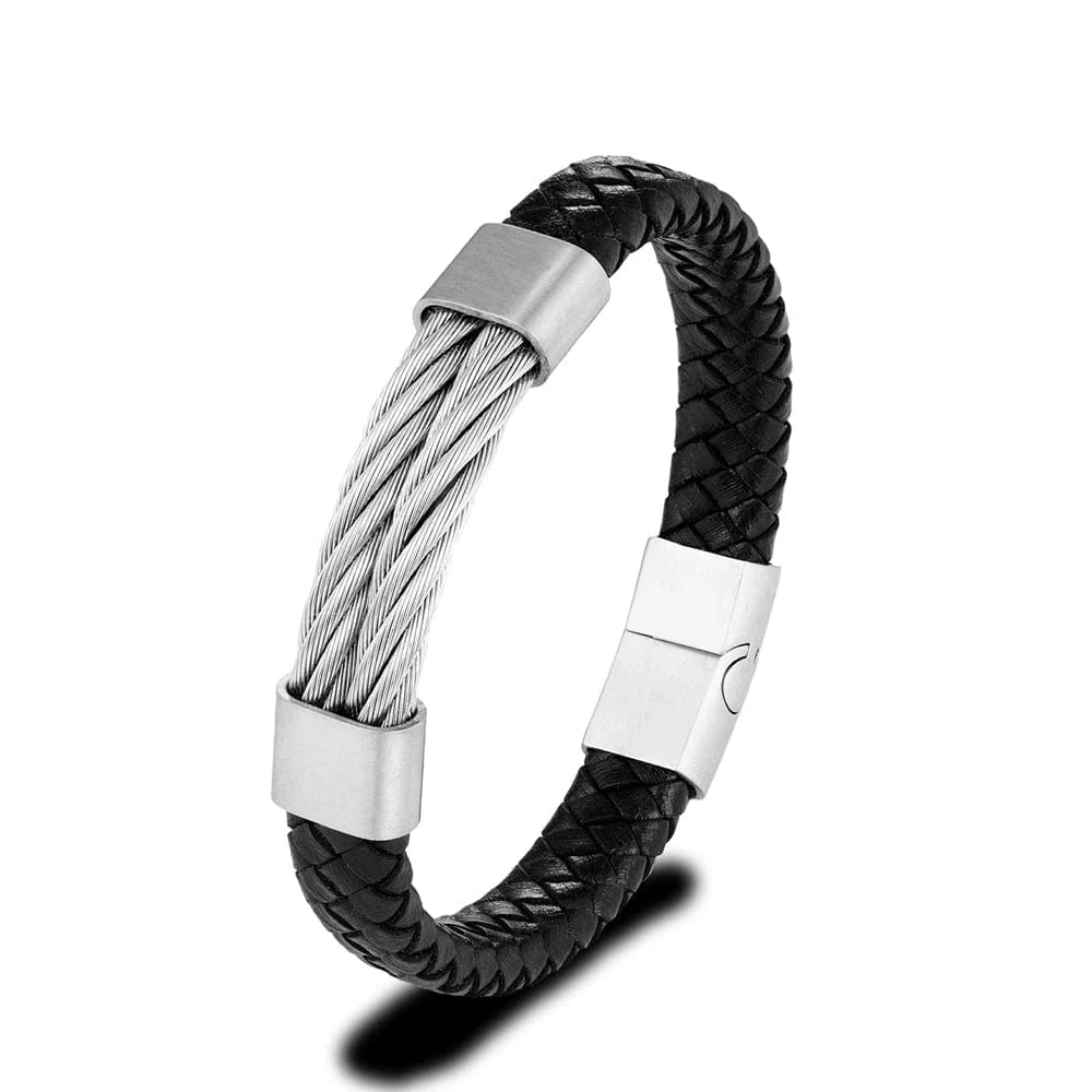 bracelet cuir homme avec cordon acier Argent / 19cm