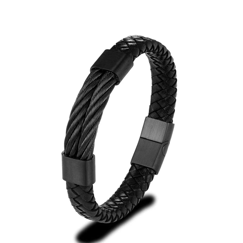 bracelet cuir homme avec cordon acier Noir / 19cm