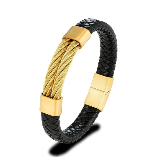 bracelet cuir homme avec cordon acier Or / 19cm