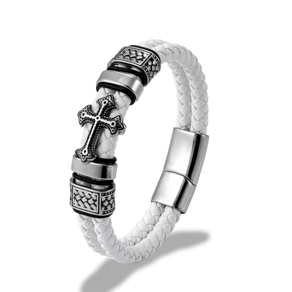bracelet cuir homme croix blanche Blanc / 23cm