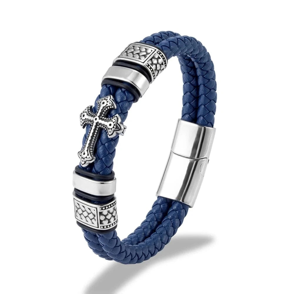 bracelet cuir homme croix blanche Bleu / 23cm