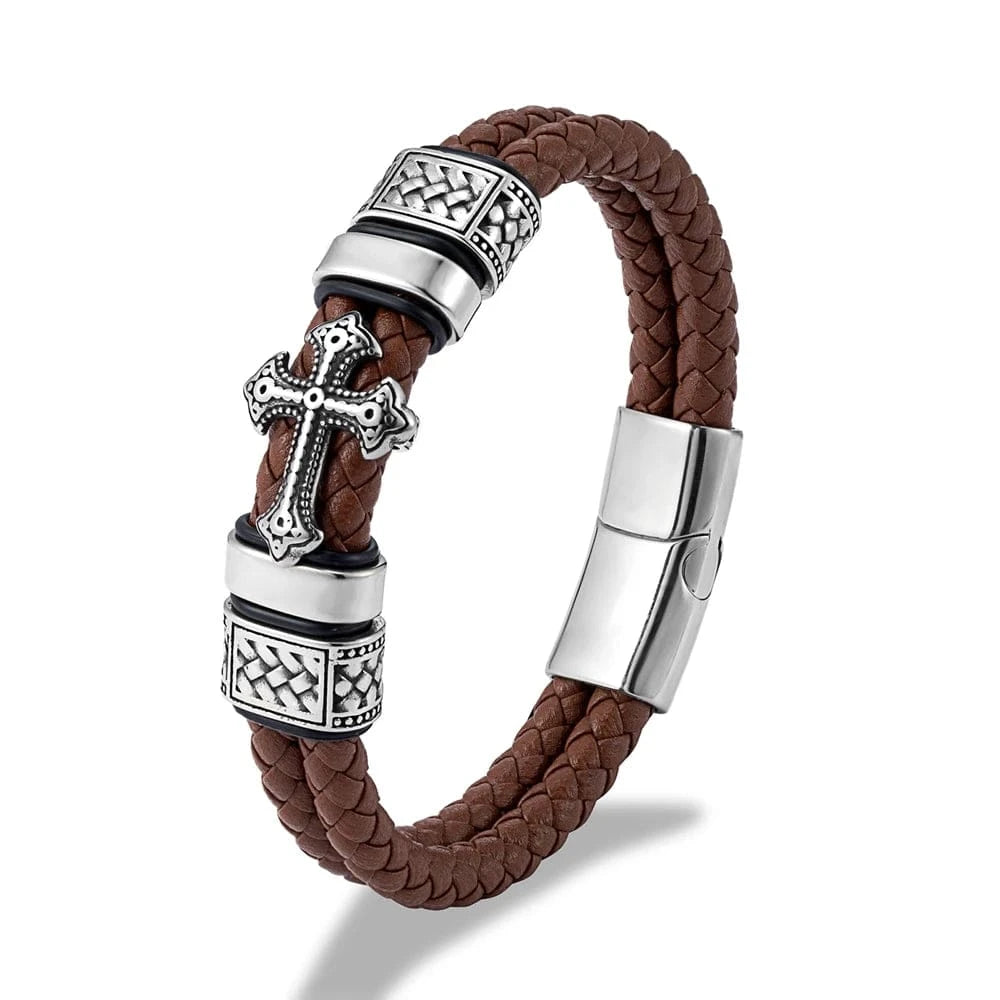 bracelet cuir homme croix blanche Marron / 23cm