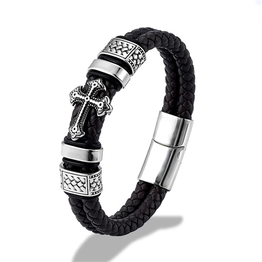 bracelet cuir homme croix blanche Marron Foncé / 21cm