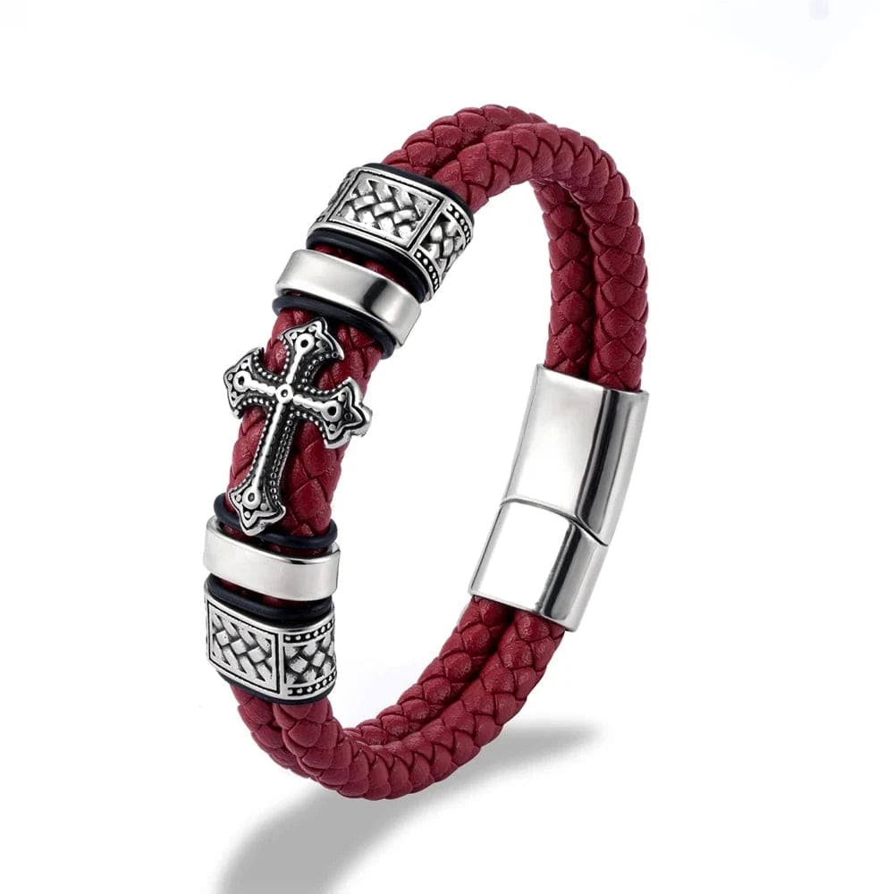 bracelet cuir homme croix blanche Rouge Foncé / 21cm