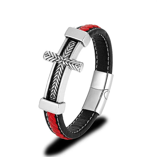 bracelet cuir homme croix élégante Rouge / 23cm