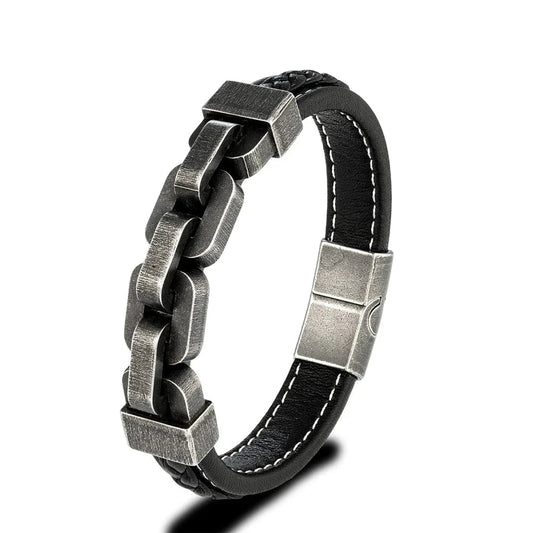 Bracelet cuir homme industriel Noir / 21cm