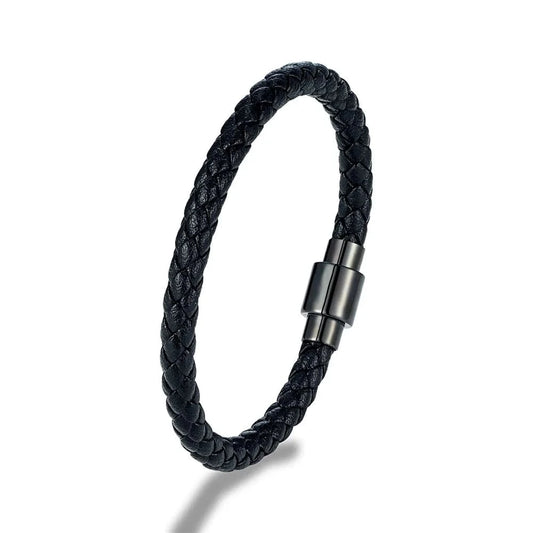 Bracelet cuir homme tressé fermoir magnetique Noir / 19cm