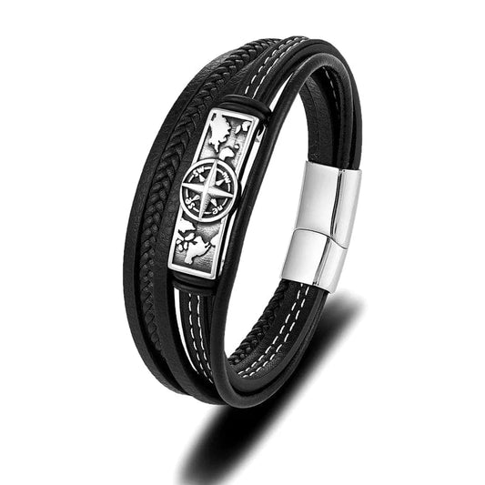 Bracelet cuir homme tressé motif points cardinaux 19cm