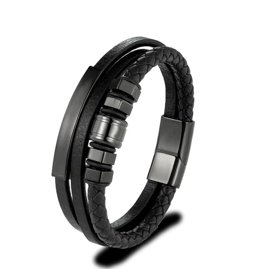 Bracelet cuir homme tressé noir triple tours Noir / 19cm