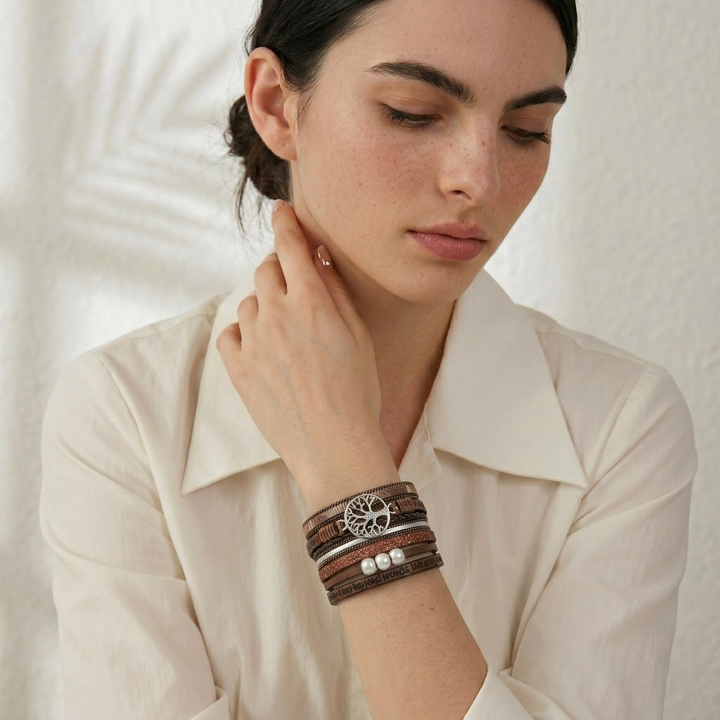 bracelet cuir multicouche arbre de vie femme