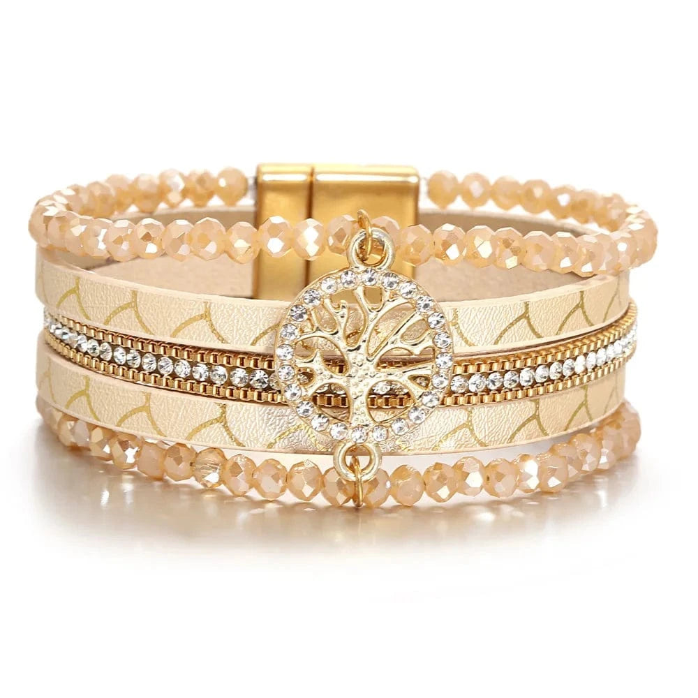 bracelet cuir multicouche arbre de vie femme Beige