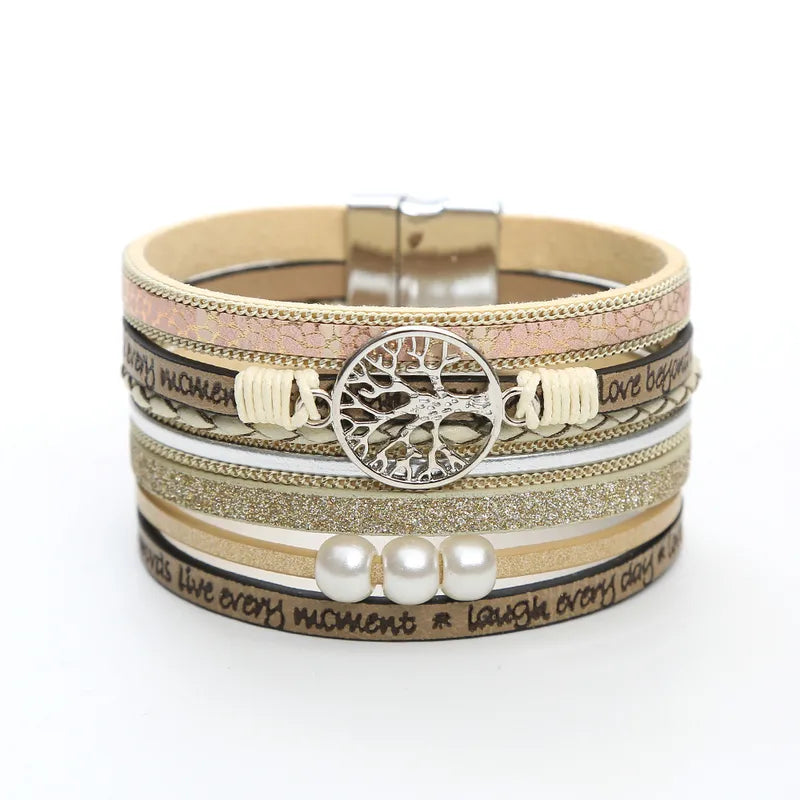 bracelet cuir multicouche arbre de vie femme Beige