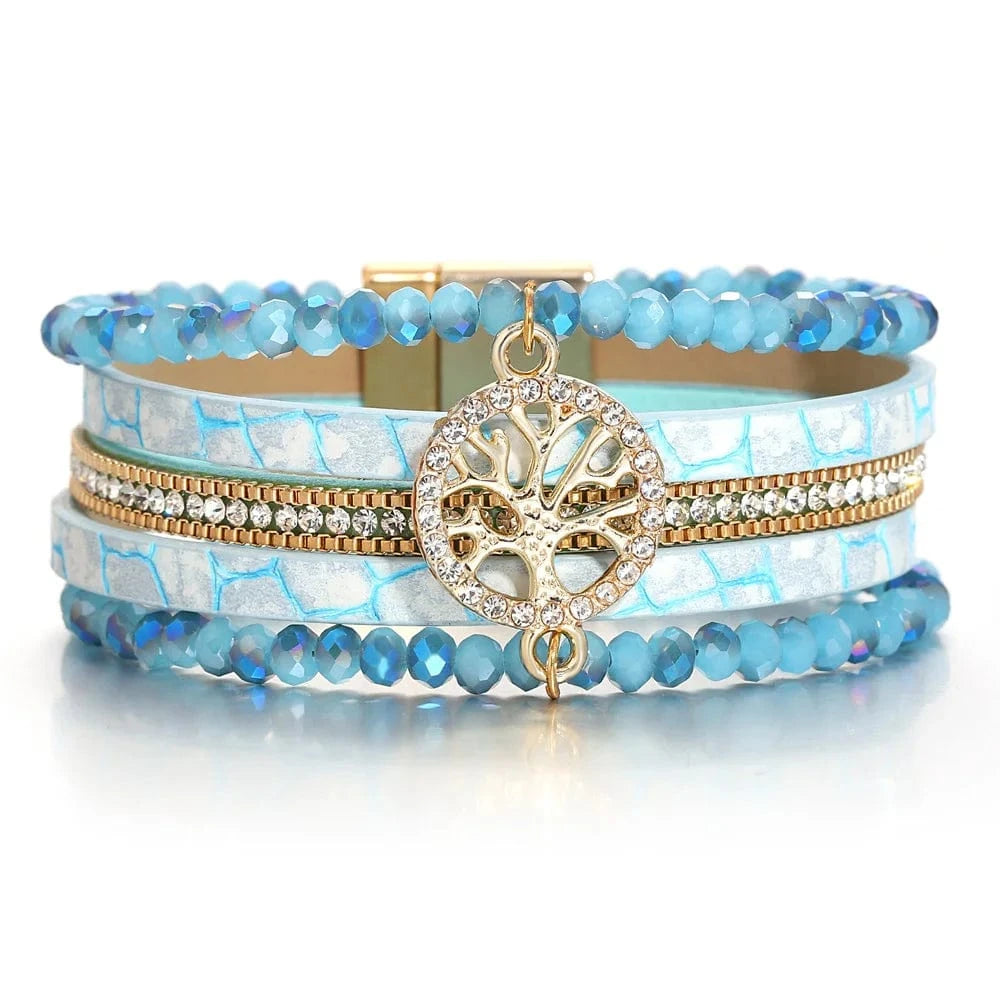 bracelet cuir multicouche arbre de vie femme Bleu