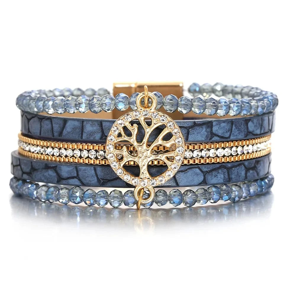 bracelet cuir multicouche arbre de vie femme Bleu Foncé