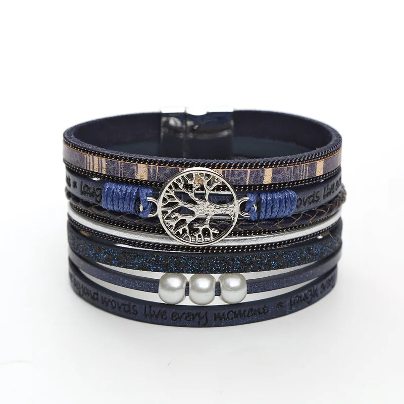 bracelet cuir multicouche arbre de vie femme Bleu Foncé