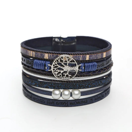 bracelet cuir multicouche arbre de vie femme Bleu Foncé