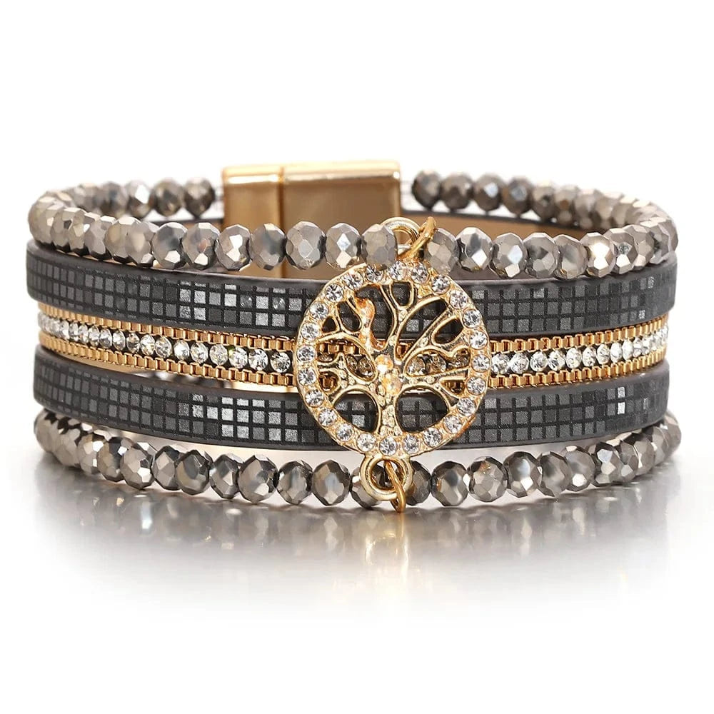 bracelet cuir multicouche arbre de vie femme Gris