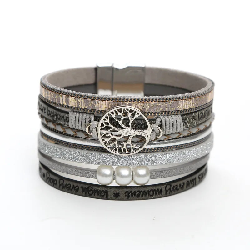 bracelet cuir multicouche arbre de vie femme Gris
