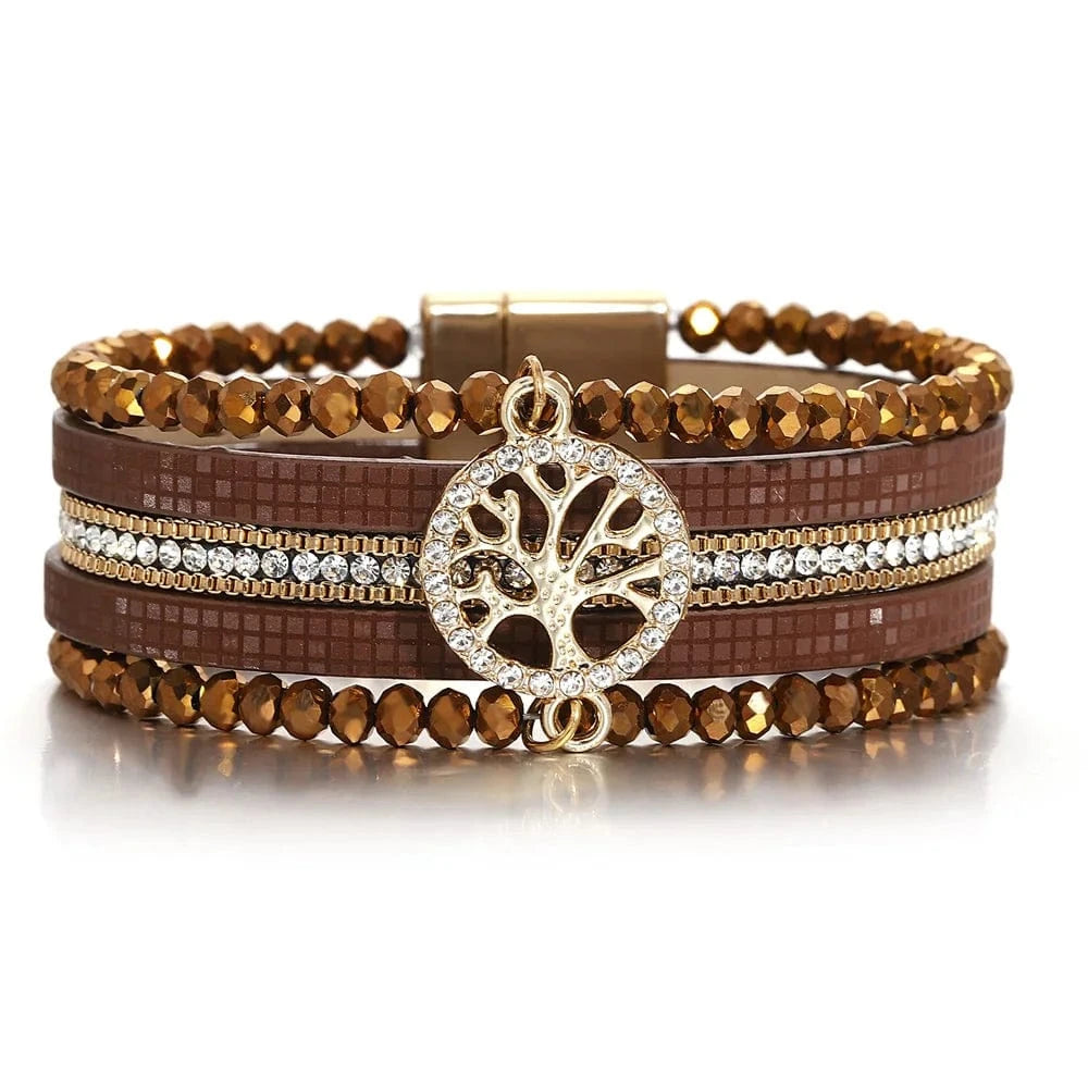 bracelet cuir multicouche arbre de vie femme Marron