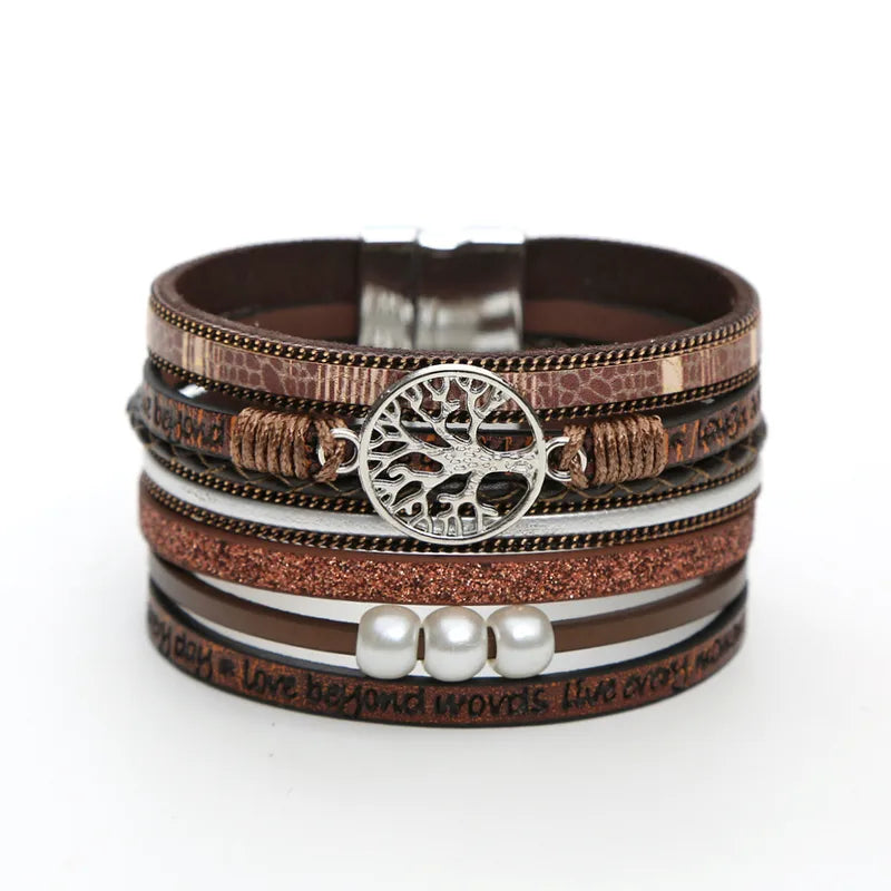 bracelet cuir multicouche arbre de vie femme Marron