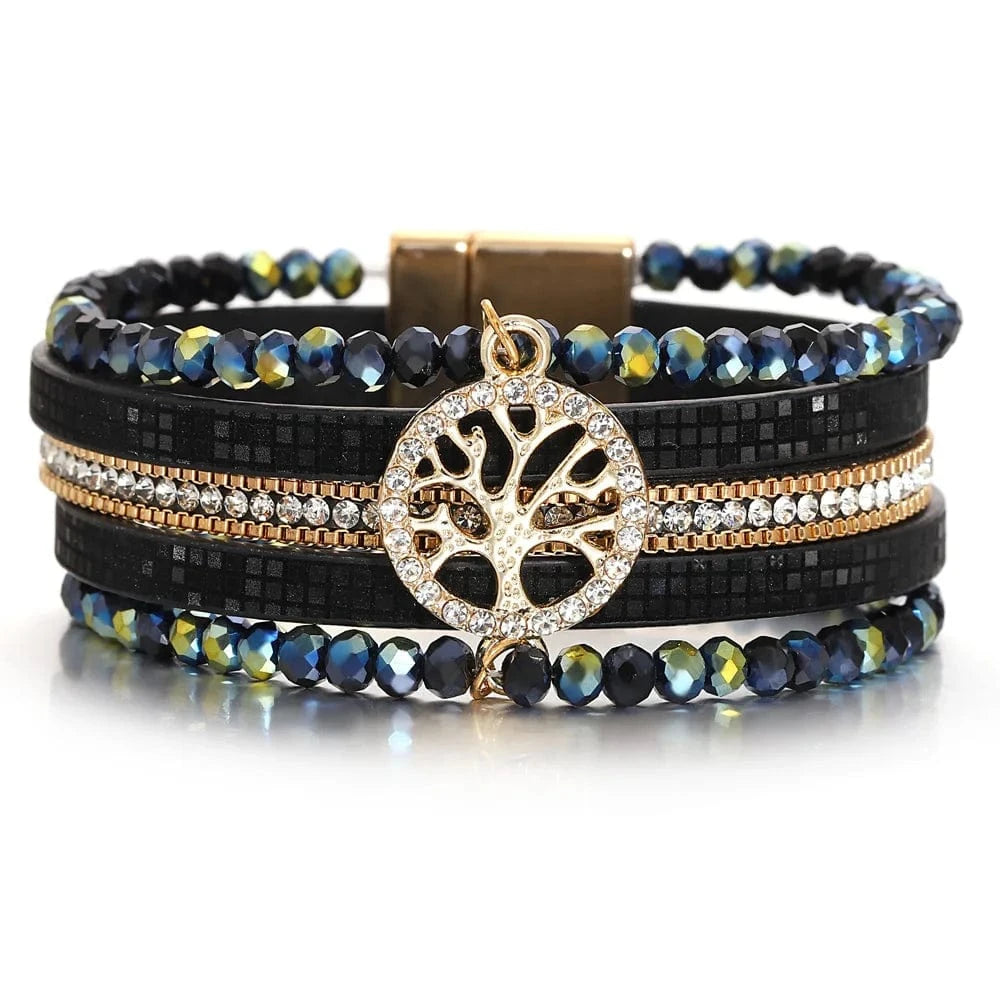 bracelet cuir multicouche arbre de vie femme Noir