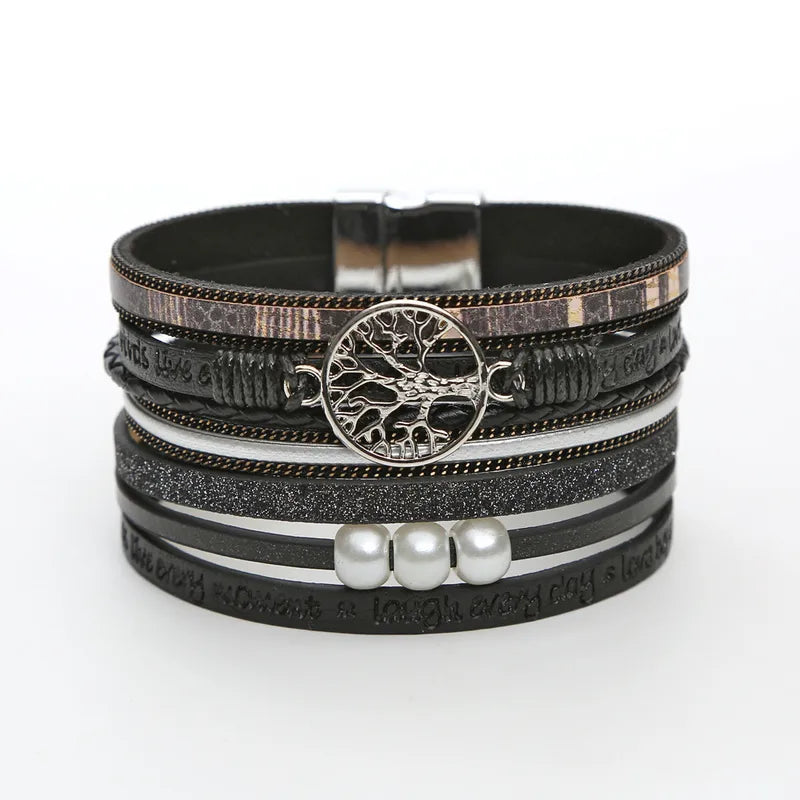 bracelet cuir multicouche arbre de vie femme Noir