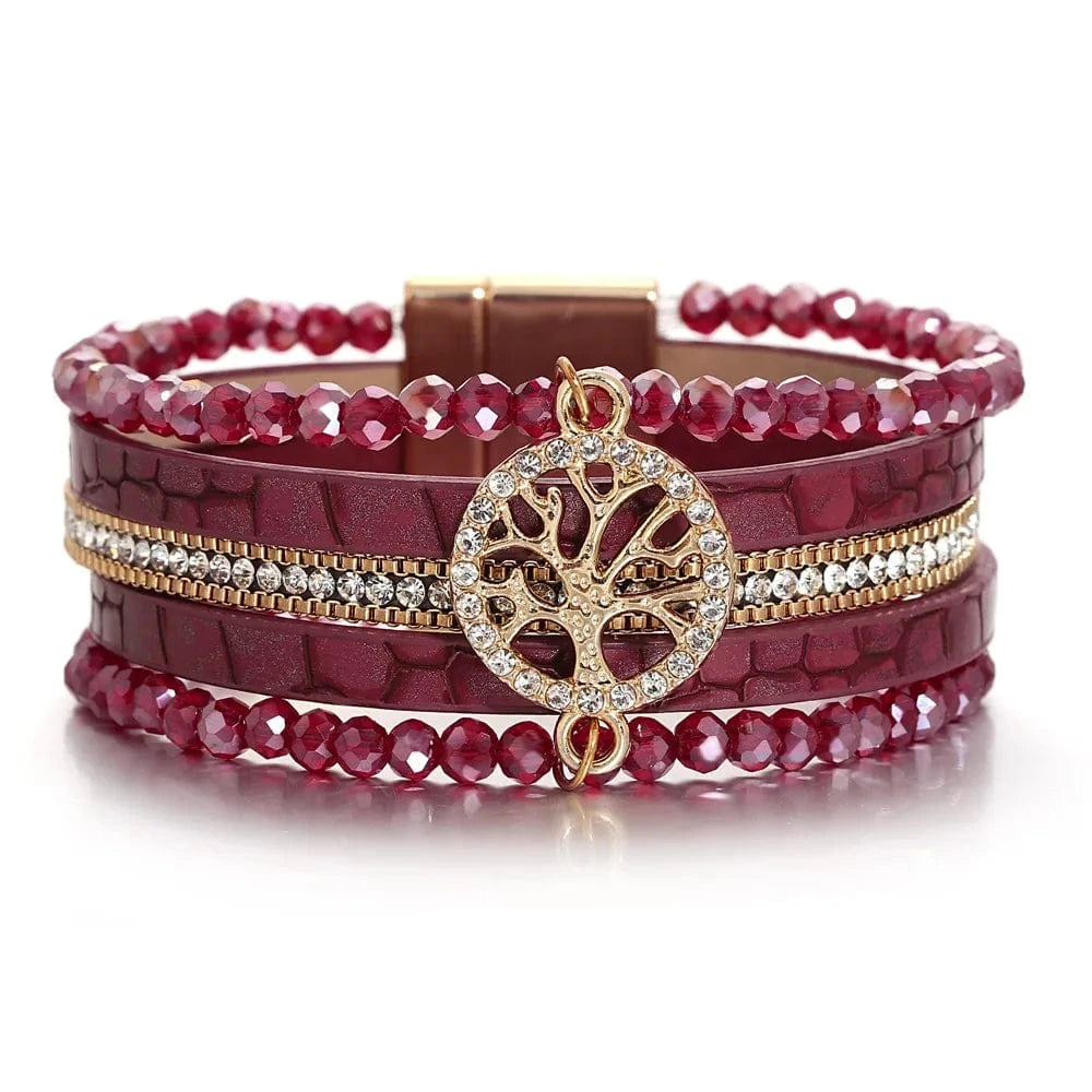 bracelet cuir multicouche arbre de vie femme Rouge