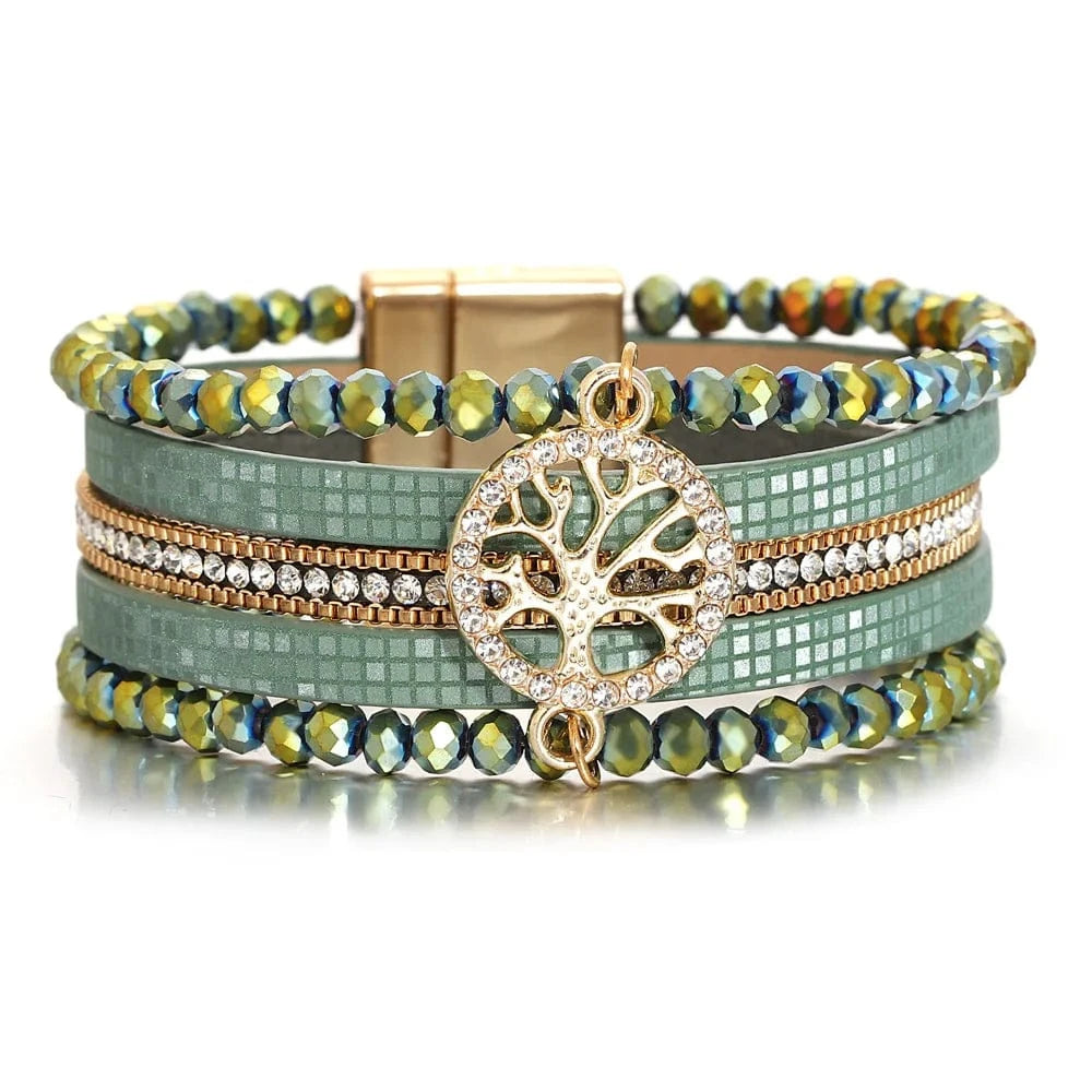 bracelet cuir multicouche arbre de vie femme Vert